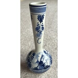 Delft HandPainted Blue & White Bud Vase Floral & Windmill design Made in Holland